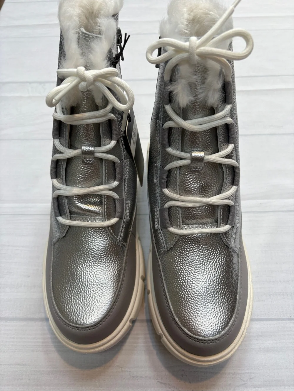 Sorel Silver Metallic and Cream Kids Lace-Up Winter Boots